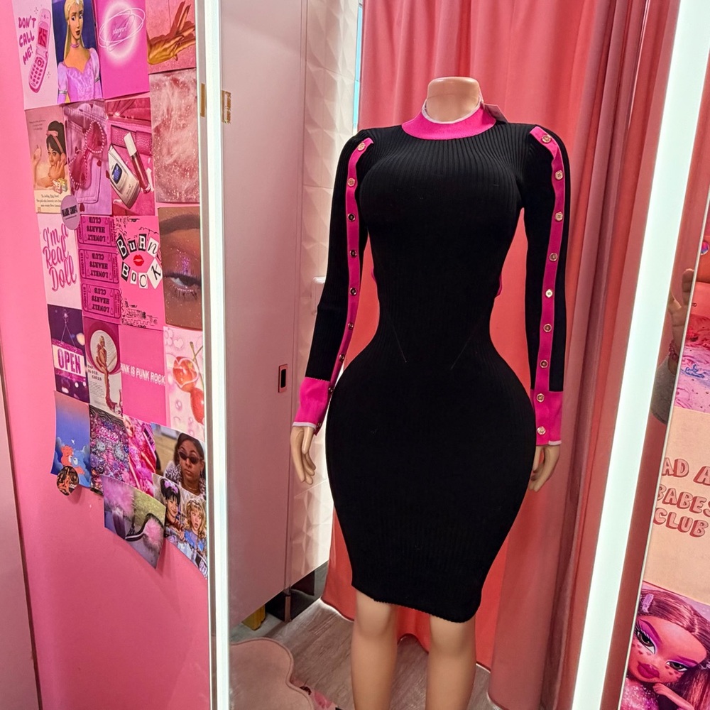 NWT Black & Fushia Ribbed Knit Bodycon Midi Stretch Dress